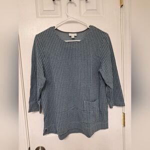 J Jill Wedgewood Blue Houndstooth Print Ponte‎ Knit Top Size Medium Pocket